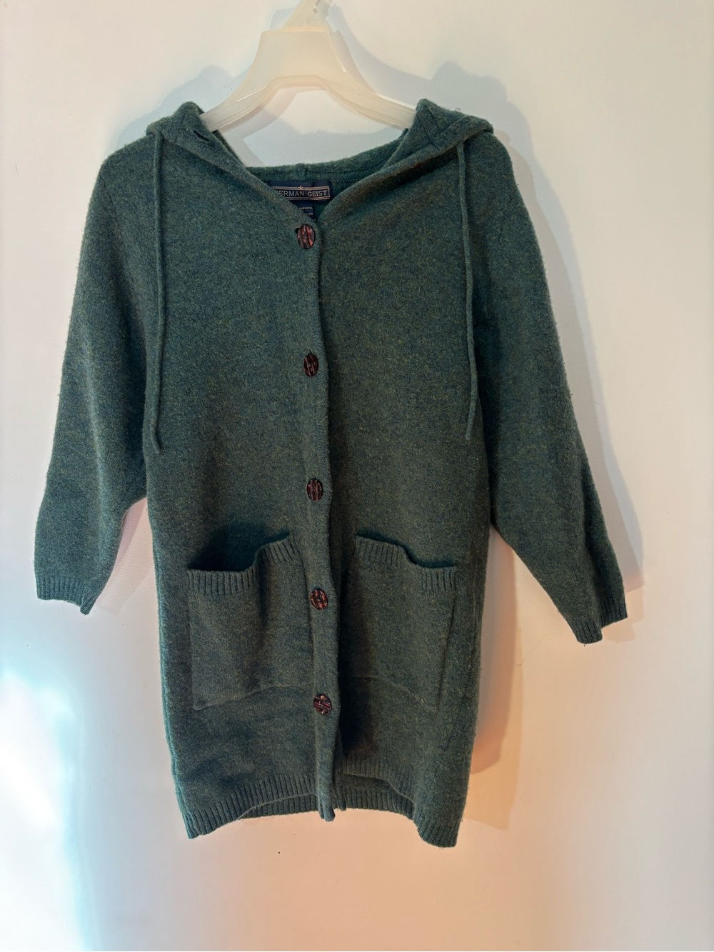 Herman Geist 100% Lambswool Green Hooded Long Cardigan Sweater M Vintage